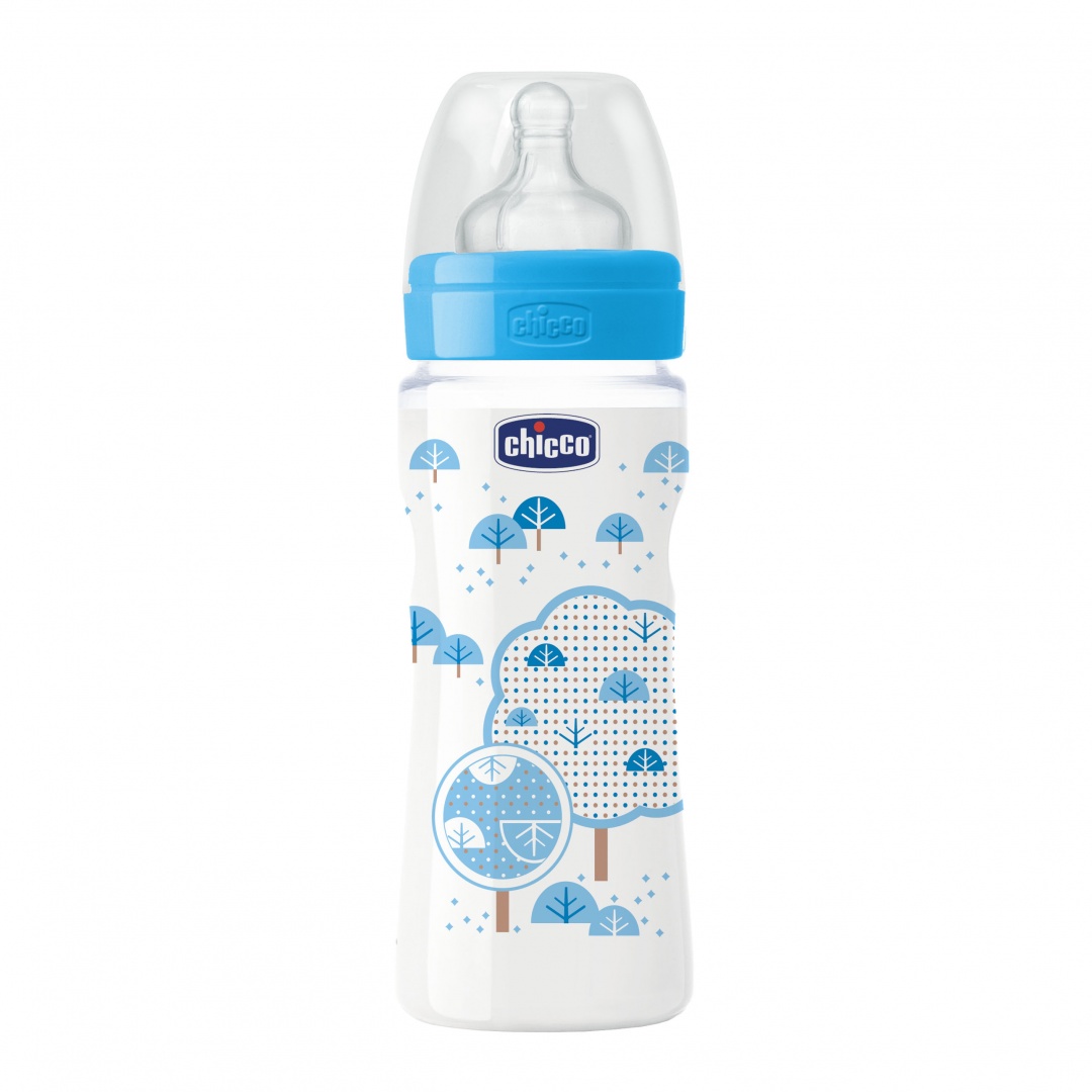 Бутылочка Chicco пластиковая, 330 мл, силиконовая соска, быстрый поток голубая