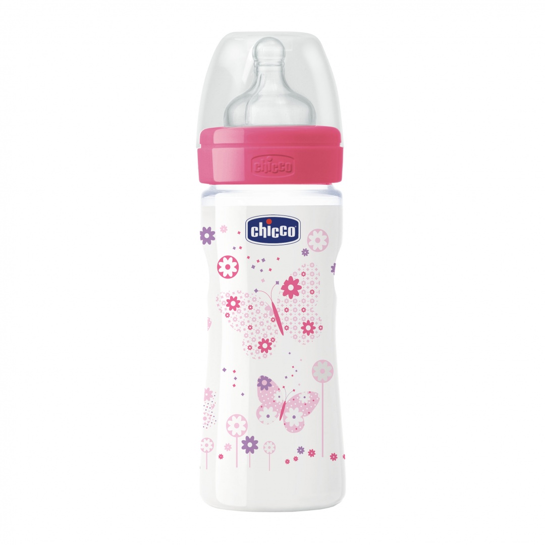 Бутылочка Chicco пластиковая, 250 мл, силиконовая соска, регулируемый поток розовая