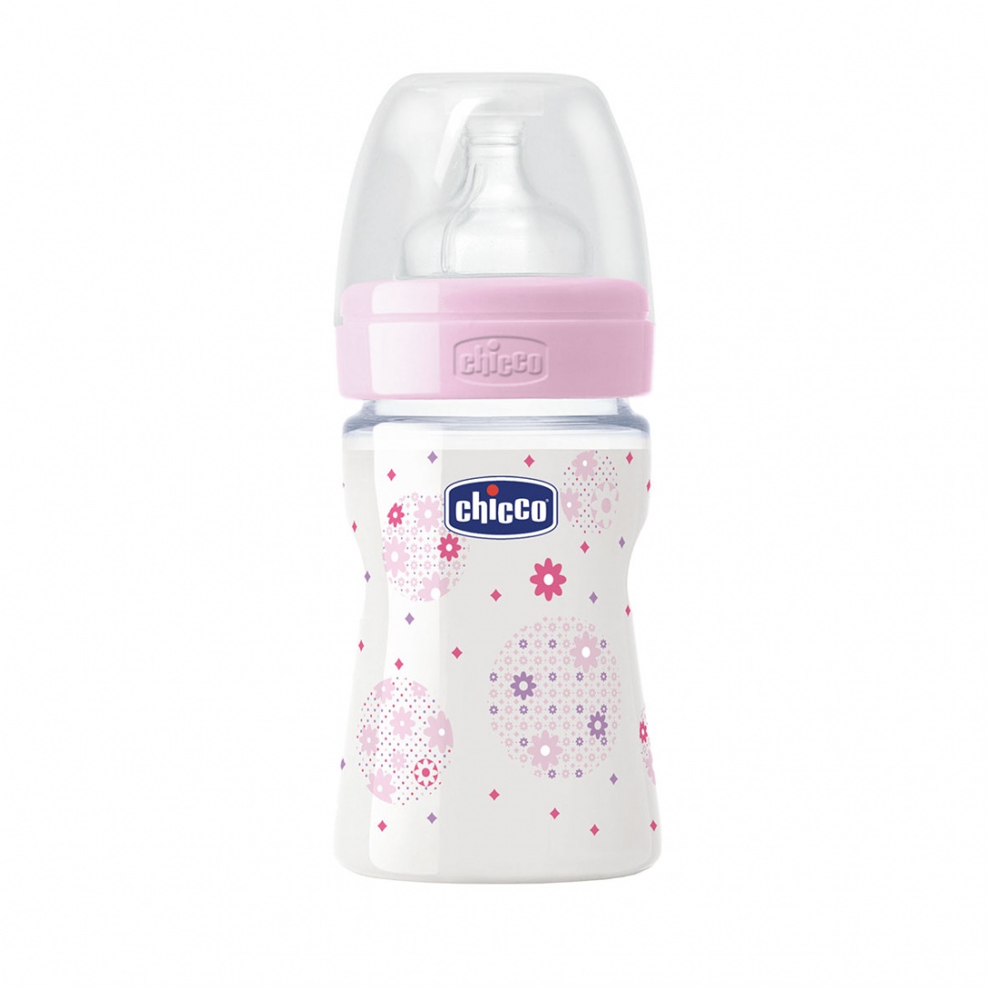 Бутылочка Chicco пластиковая 150 мл, силиконовая соска, нормальный поток розовая